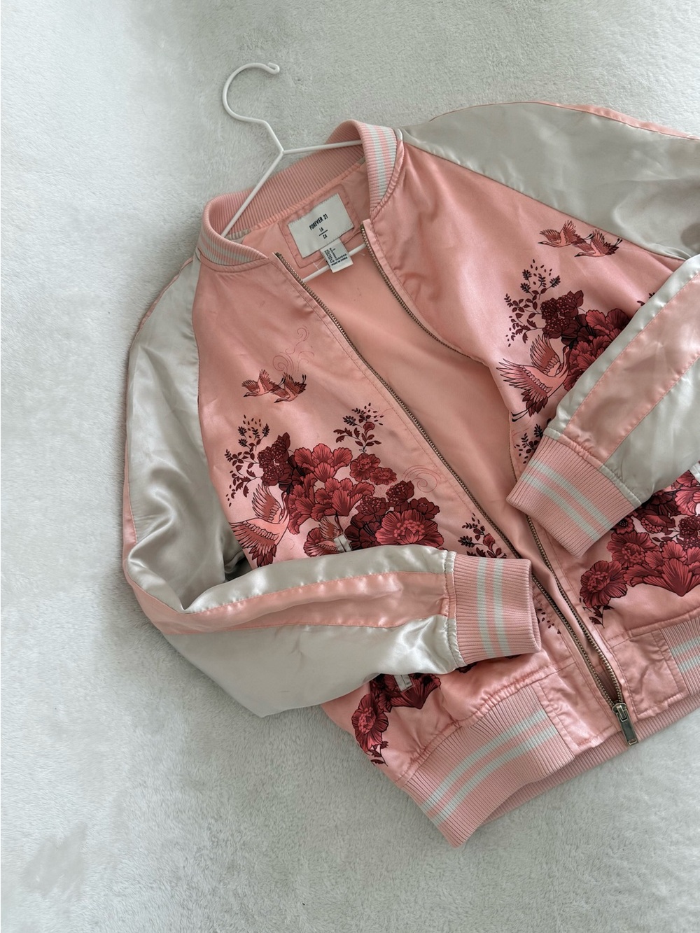 Pink Floral Satin Bomber Jacket
